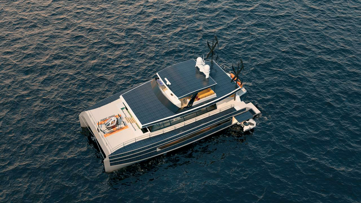 Le GR63 sera bientôt à l’eau. L’optimisation des panneaux solaires et des éoliennes verticales fait partie intégrante de la conception, tout comme la propulsion hydrogène/électrique.