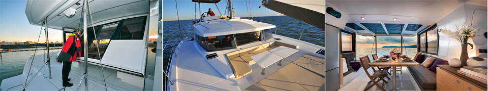 Le Bali offre un condensé d'évolutions majeures dans le monde du multicoque : cockpit avant entièrement rigide offrant un nouvel espace de vie, un volume modulable carré/cockpit qui se ferme par une porte basculante et un semi-fly, le tout sur un 40 pieds !