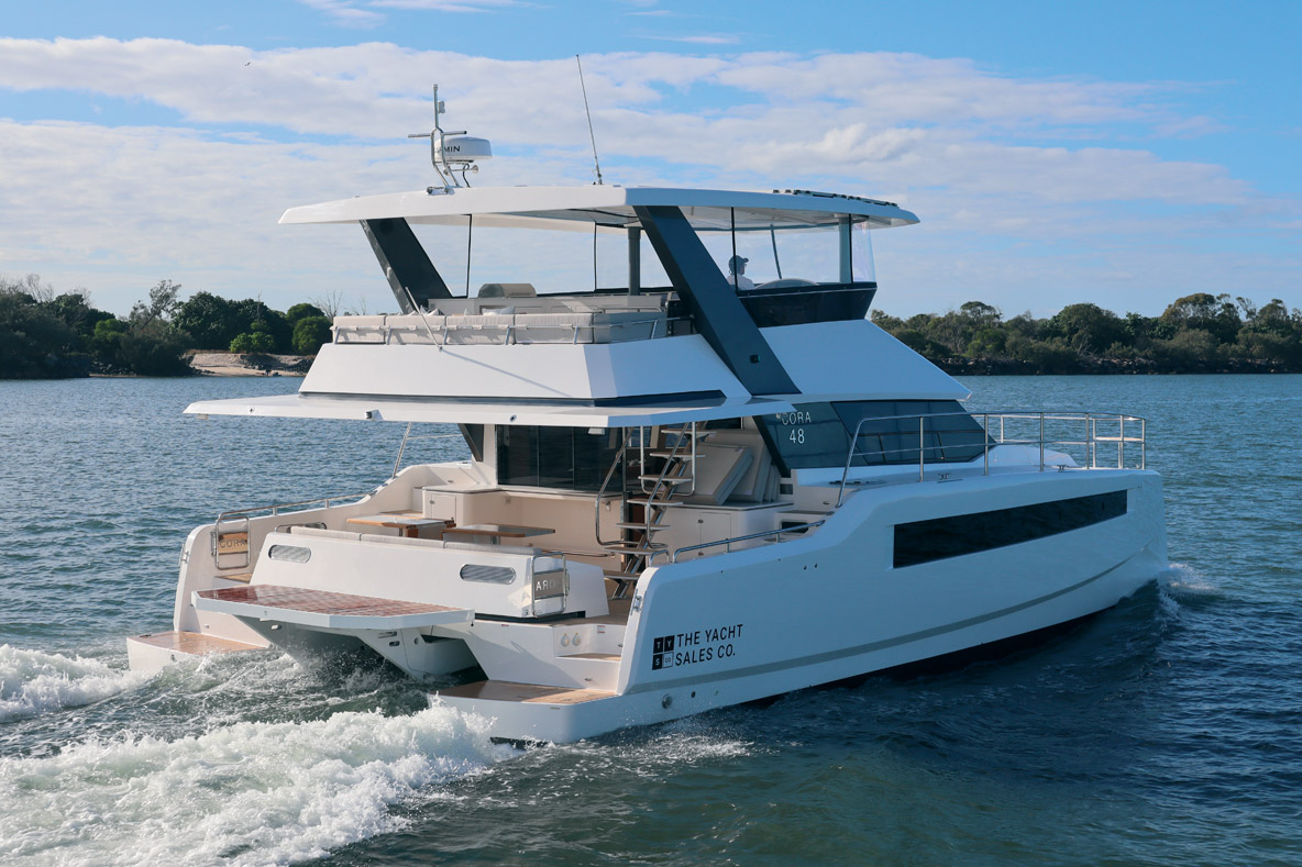 Bridgedeck clearance is quoted as 2’9” (0.85 m) which is adequate for coastal cruising, and the hull can be beached or moored in a drying harbor.