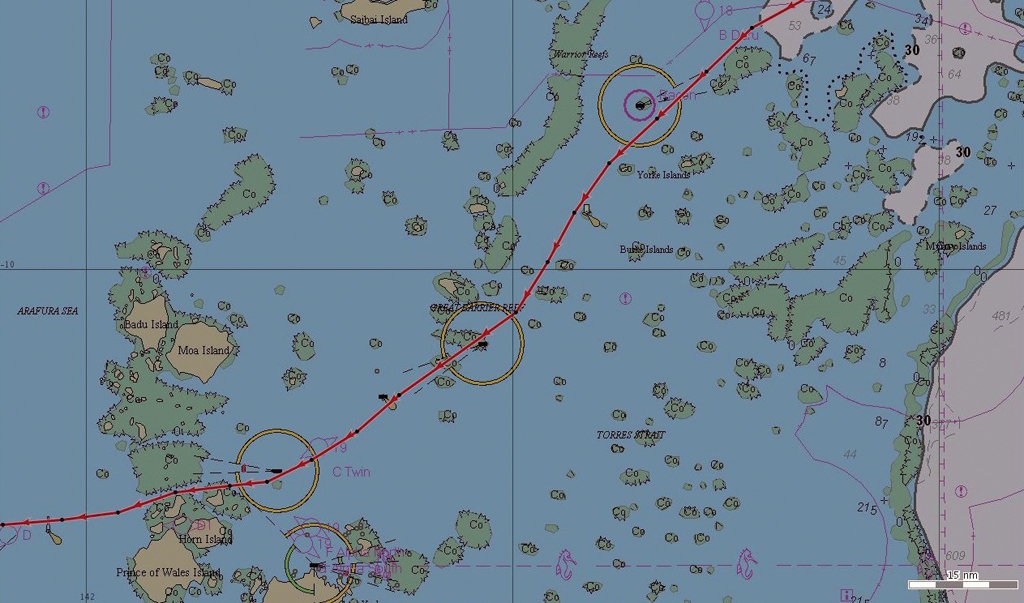 Report de la trajectoire  CLS Argos de Jangada lors de son franchissement du détroit de Torrès, de nuit, sur carte Google Map (cartographie décalée).