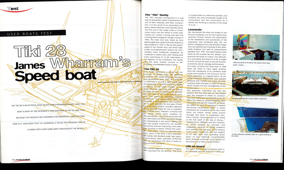Test report on the Tiki 28 which appeared in MW18, <br/>Philippe Echelle's first boat review for Multihulls World.