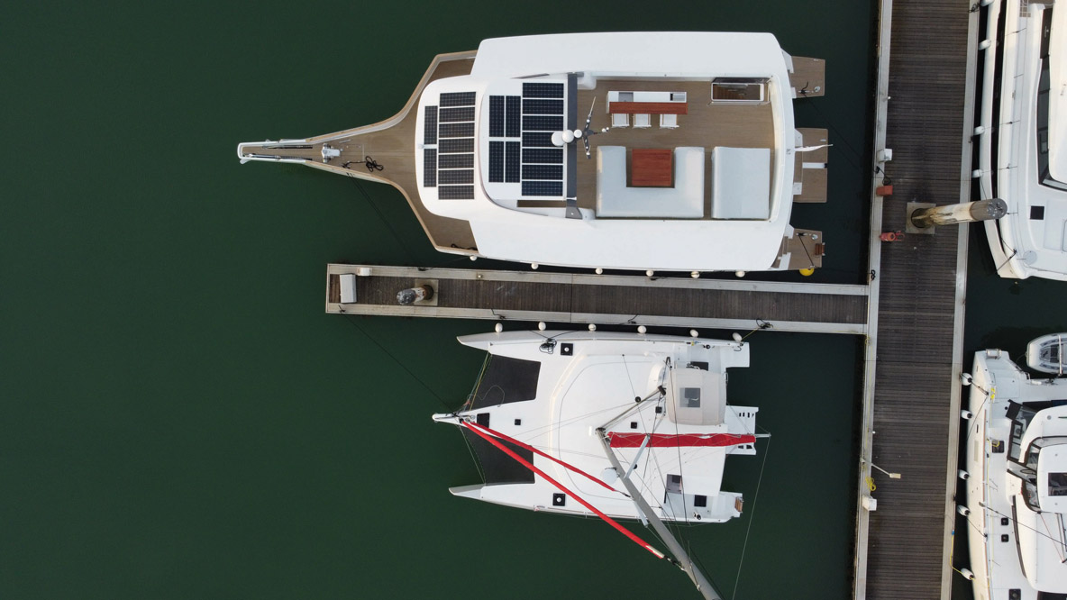An electric motor in each float and a bow thruster assist the main engine for docking maneuvers.