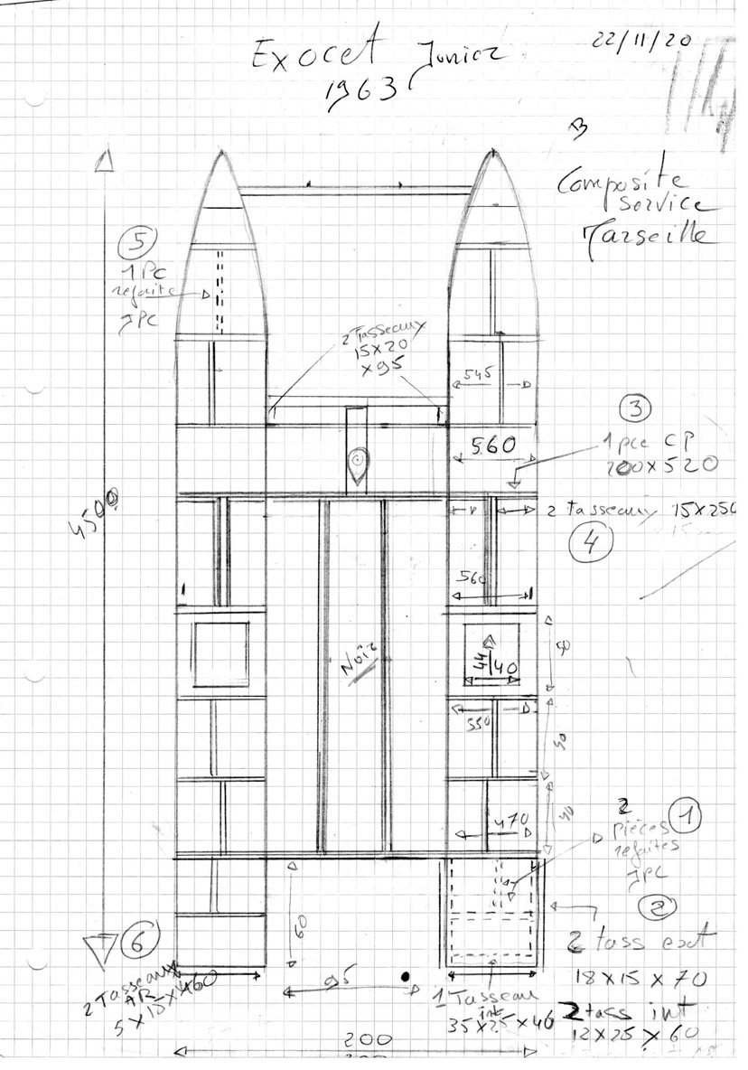 Le plan de pont de l’Exocet Junior et ses cotes complètes établis par Olivier grâce à ses relevés.