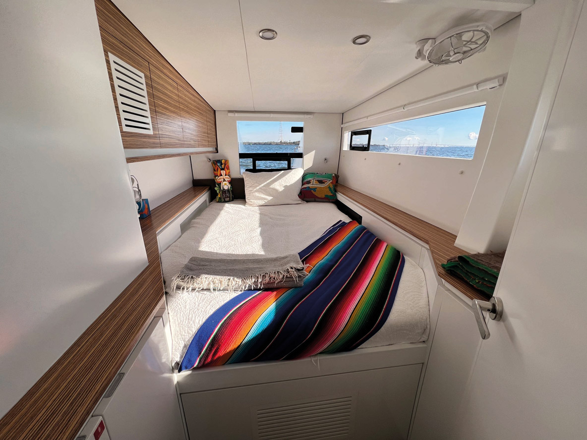 The port hull has two double berths, but only one bathroom, to share.