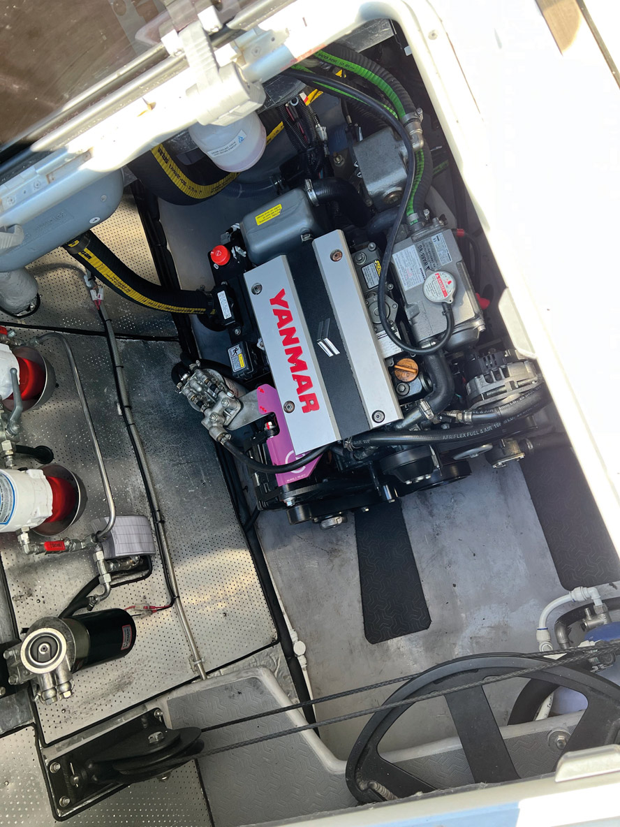 A pair of 29 HP Yanmar motors allow the boat  to cruise effortlessly at more than 6 knots.