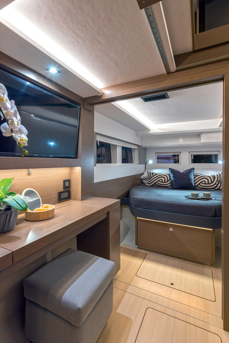 A small desk allows the owner to work on board or can also be used as a dressing table.