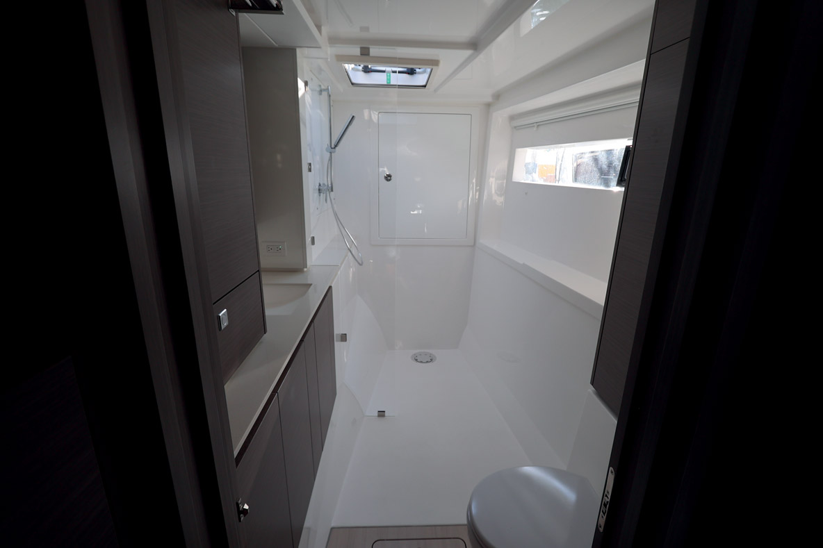 The owner’s cabin bathroom is quite large and features an XXL-sized shower.