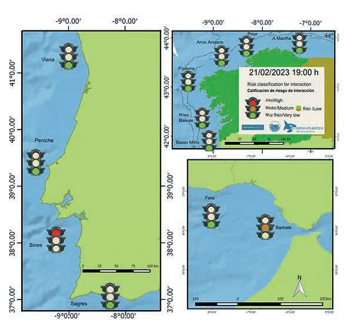 Une carte des risques de rencontres est  éditée sur le site orcaiberica.org dans l’onglet recommandations. Elle est mise à jour en permanence, mais sa précision dépend des informations fournies par les plaisanciers sur zone et les autorités. Sur cette saisie datée du 21 février, on constate que les orques Gladis ont été relevées près de Sines, et que le détroit n’est pas considéré comme sûr. En revanche, le nord de la péninsule est sans danger.