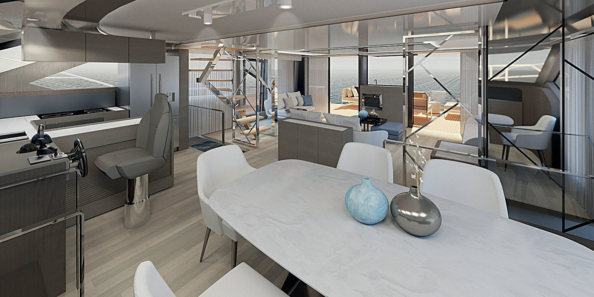 La version cuisine américaine peut être remplacée par un salon-boudoir. Une cuisine-mess et un quartier équipage prennent place en bas de l’escalier central. Une disposition très pratique pour le service.