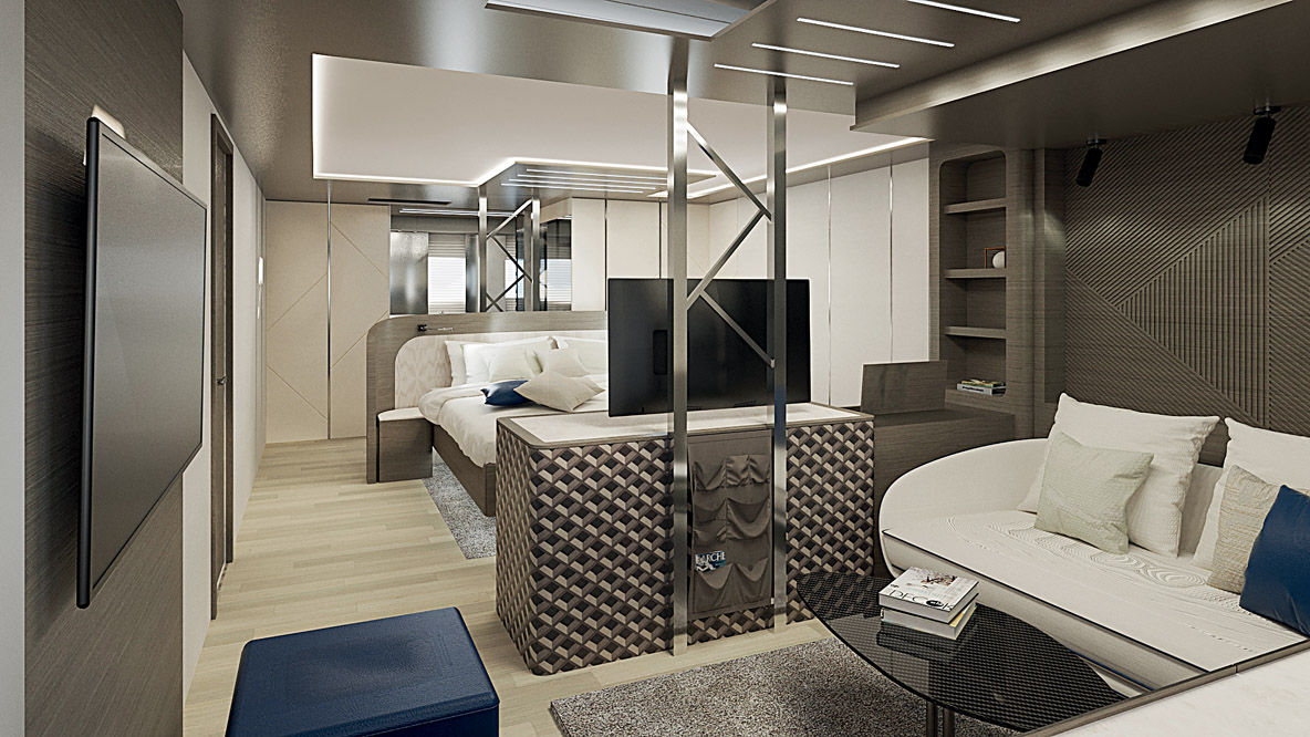 A l’instar du salon, la suite propriétaire de 30 m² est digne du standing de la grande plaisance...