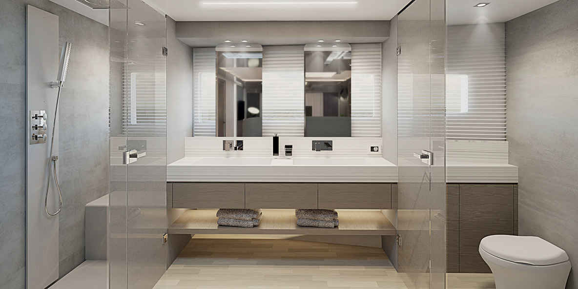 La salle de bains de la cabine Propriétaire est au diapason des aménagements, luxueux et très lumineux.