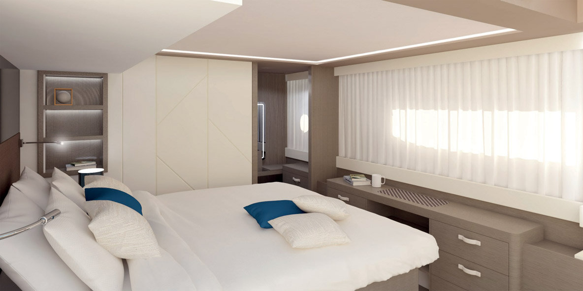 Les cabines invités avec leur salle de bains privative possèdent toutes un lit queen-size face à la mer.