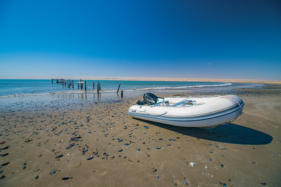 La vaste plage jonchée de coquilles de moules.