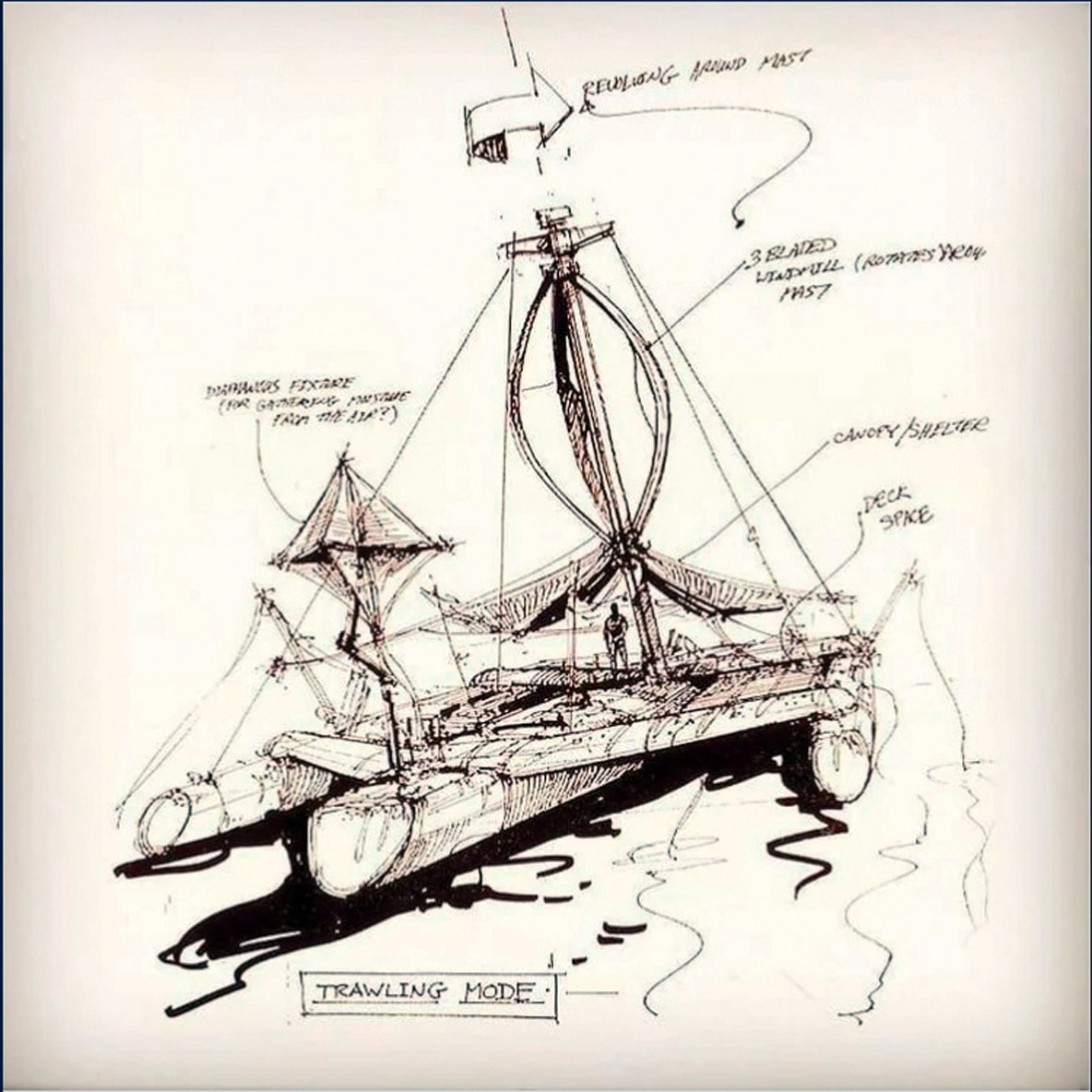 Les esquisses de VPLP du second trimaran, équipé d’un mât télescopique. ©VPLP/Universal