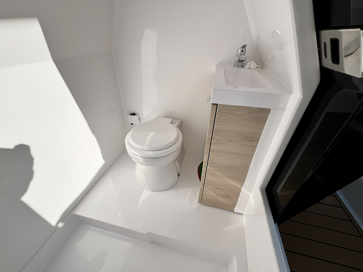 Rare sur un catamaran de cette taille : un cabinet de toilette est installé dans la console.