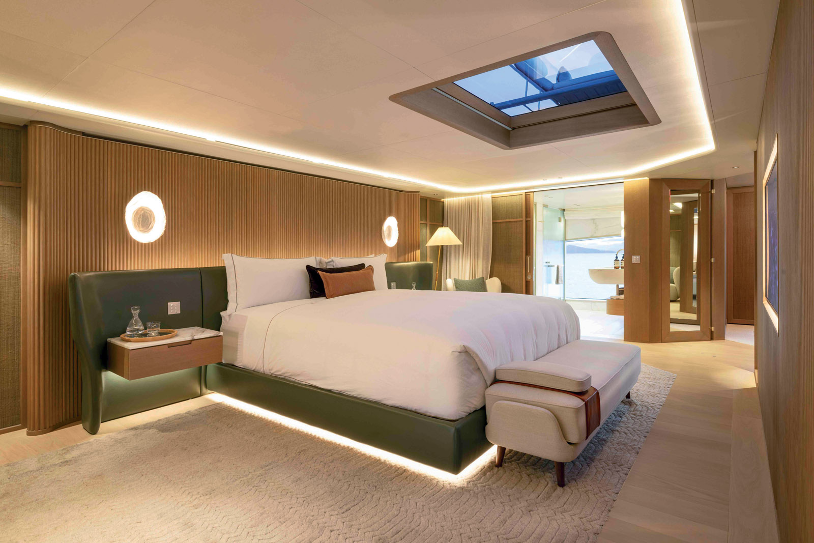 The owner’s cabin occupies the entire width of the main deck and features a king-size bed, two separate showers, and a reading corner.