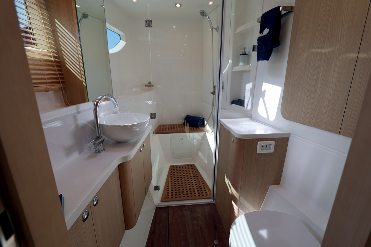 The owner’s cabin bathroom is worthy of a luxury hotel with a spa-like atmosphere.