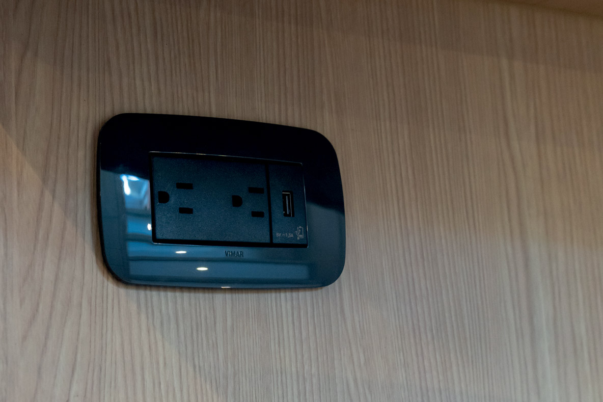 The catamaran features electrical outlets and USB sockets throughout the boat, as well as a device for controlling the boat’s electrical systems from several locations.