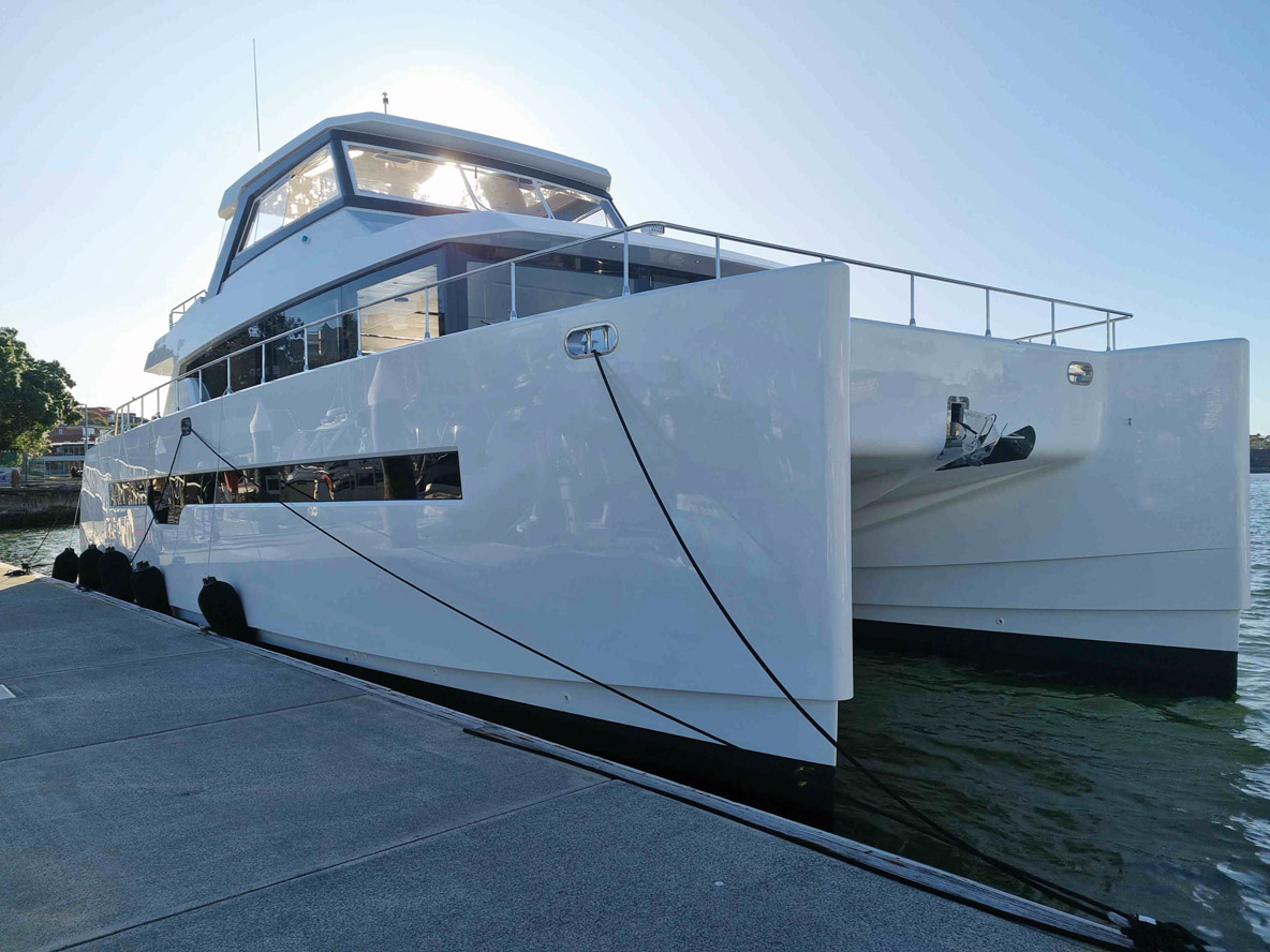 Tall bridgedeck clearance, as seen here, is important for reducing drag  and wave slap in bigger seas.