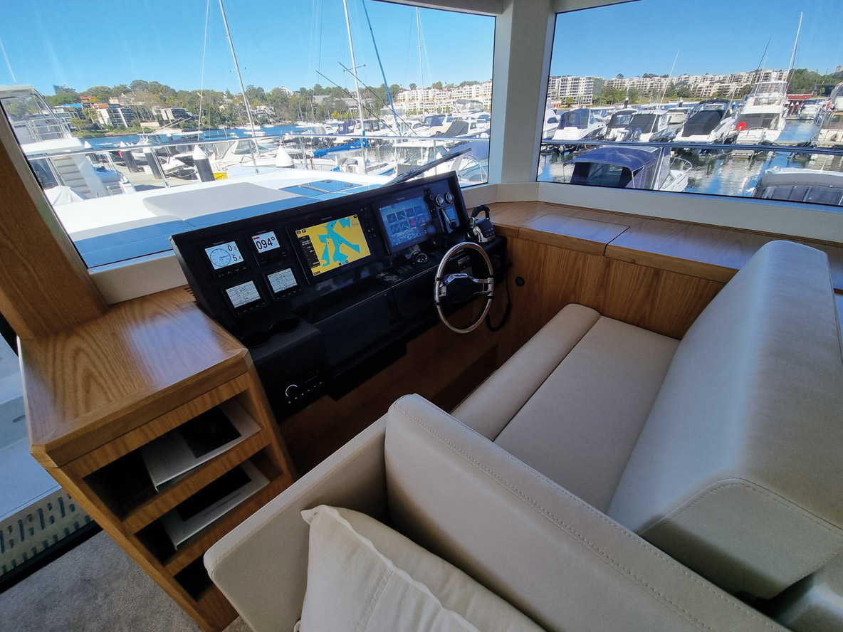 The saloon steering console is ideal when in voyage mode, with autopilot and all controls to hand, plus 360 visibility.