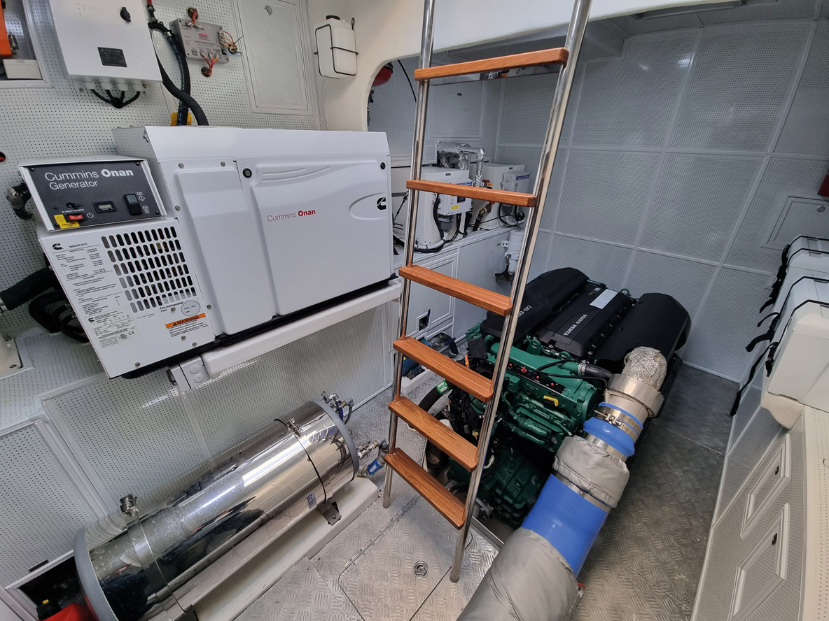 The shaft driven 600 HP Volvos are housed behind a watertight bulkhead and all service points are accessible.