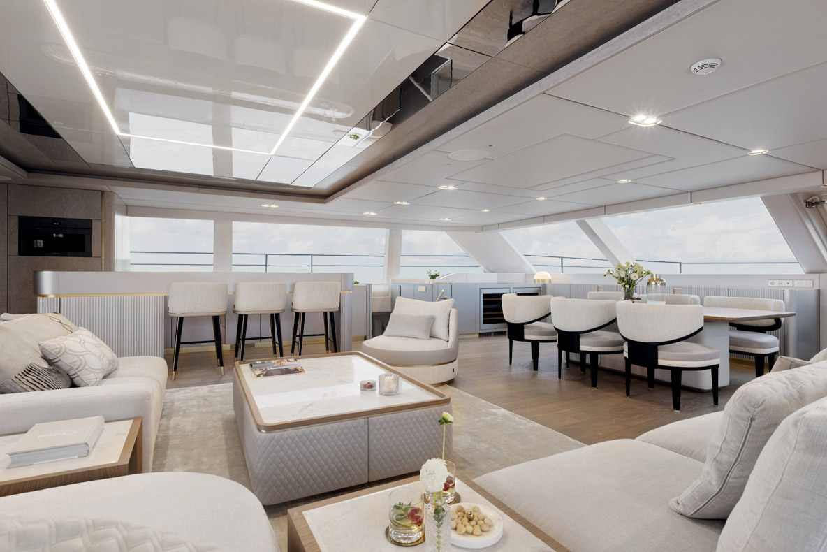 Le salon de ce dernier Sunreef 80 ECO donne la mesure du luxe et de la qualité de finition offerts ; le constructeur profite une solide réputation dans le domaine de l’aménagement sur mesure.