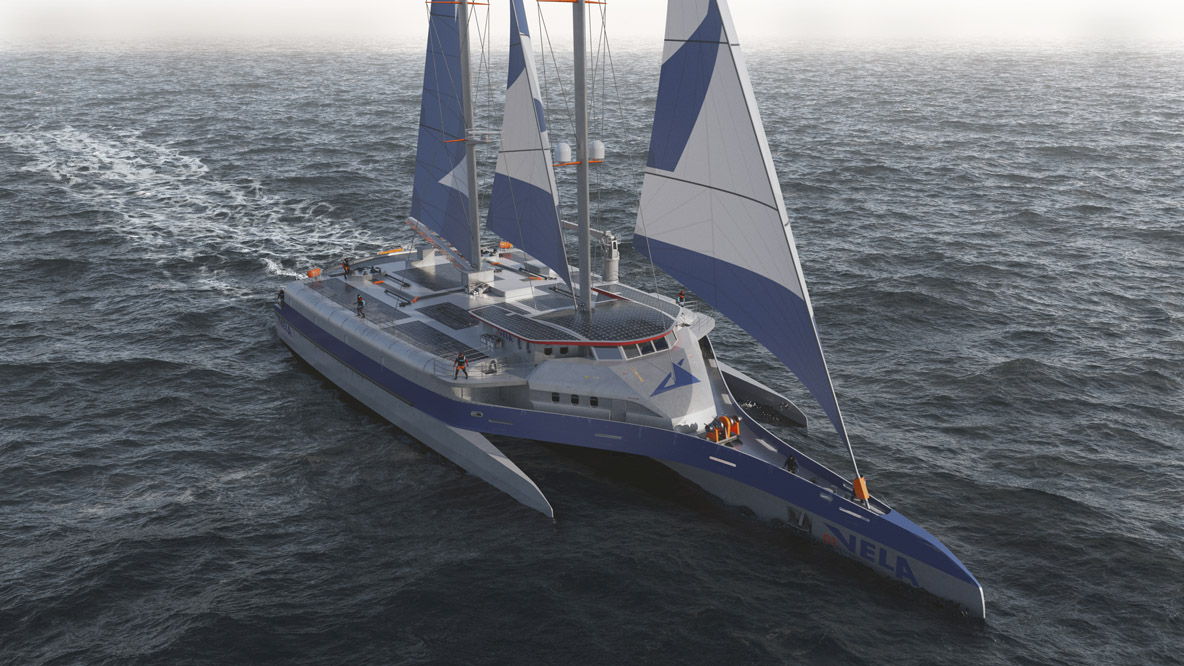 La start-up Vela prévoit de lancer ce trimaran cargo de 67 m signé VPLP en 2025.