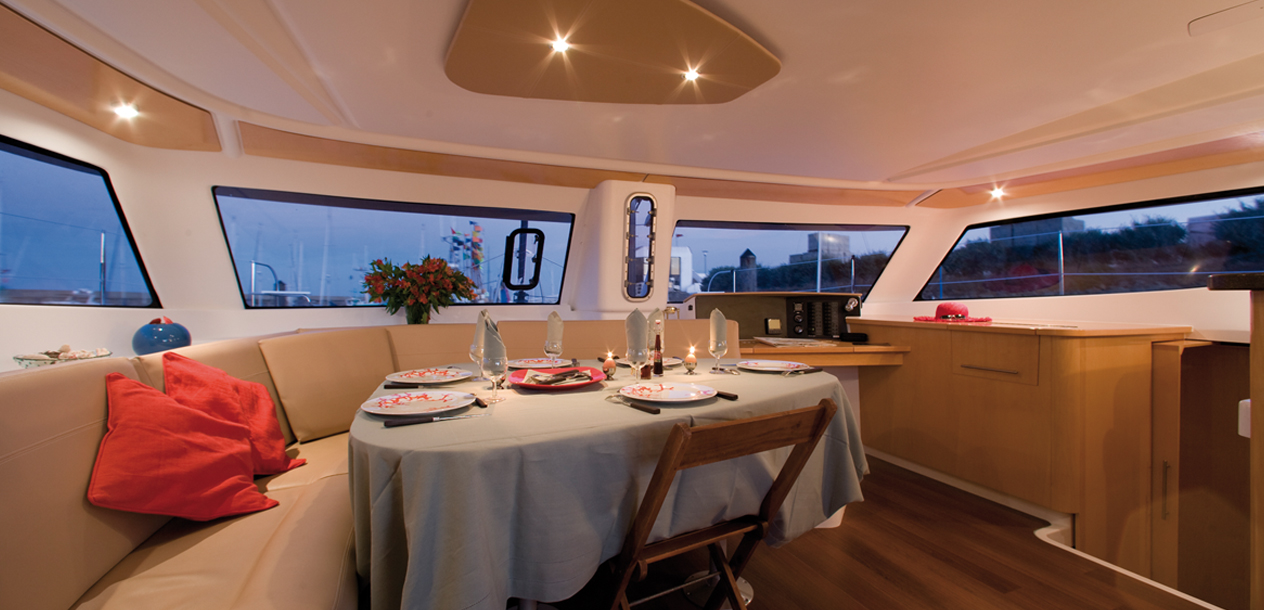 Three or four nice cabins, but a saloon which is a bit small for the full crew.