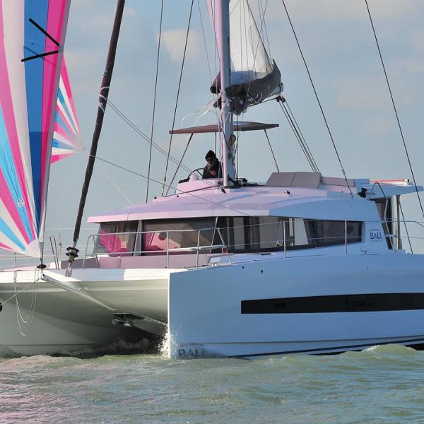 A successful design for a comfortable and fast catamaran. Note the ski-shape forward 