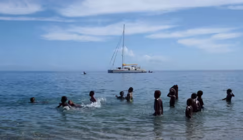 Jangada anchored in Rangusuksu, Wali Bay, Pentecost Island, Vanuatu…