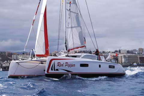 The Outremer 51 leaving Las Palmas, Gran Canaria.