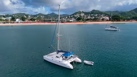 Graham’s Athena 38 #152, seen here at anchor in Saint Lucia, is a 3-cabin version.
