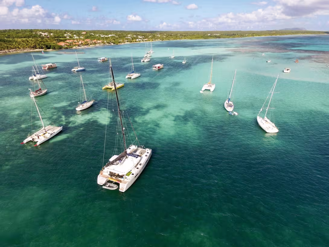 Cat’Leya is now enjoying the Caribbean.  Here, at anchor inside the reef at St.François in Guadeloupe. 