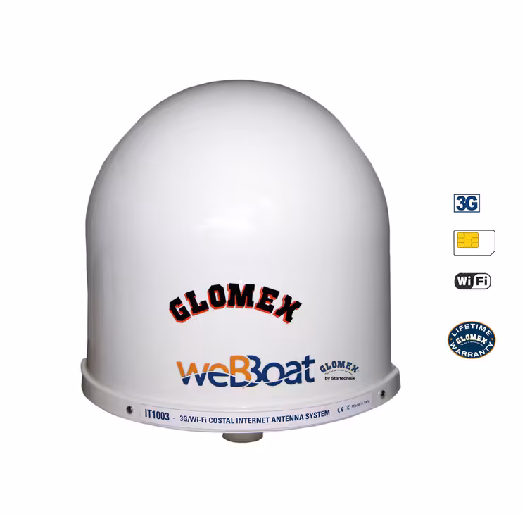 L’antenne Glomex de Webboat possède quatre antennes sous son radôme. Sa taille, 25 cm de diamètre, et son poids, 1,2 kg, permettent de la fixer dans le gréement, mais la hauteur n’est pas primordiale pour bien capter.