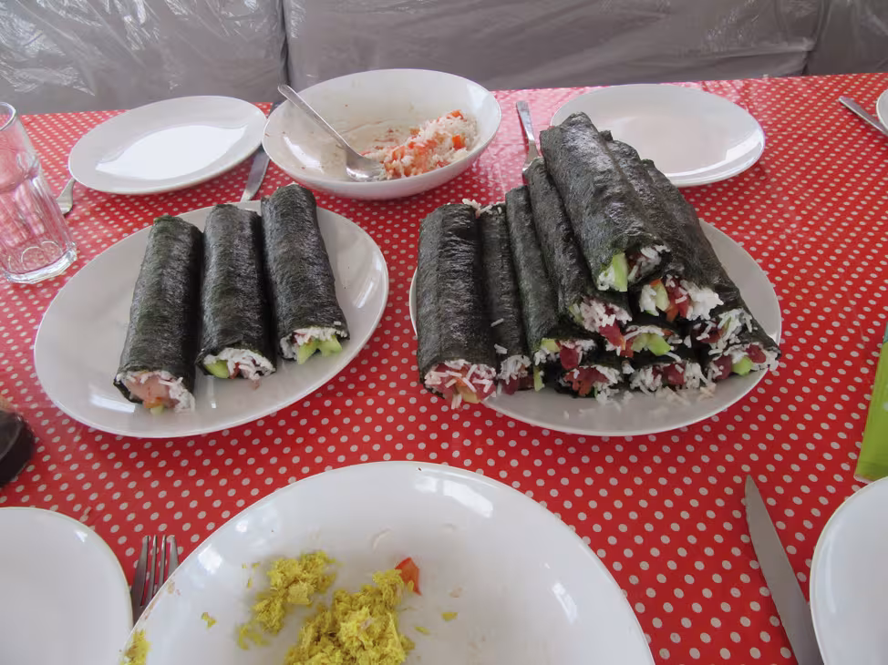 Hardly out of the water, and the fish are soon transformed into sushi!  