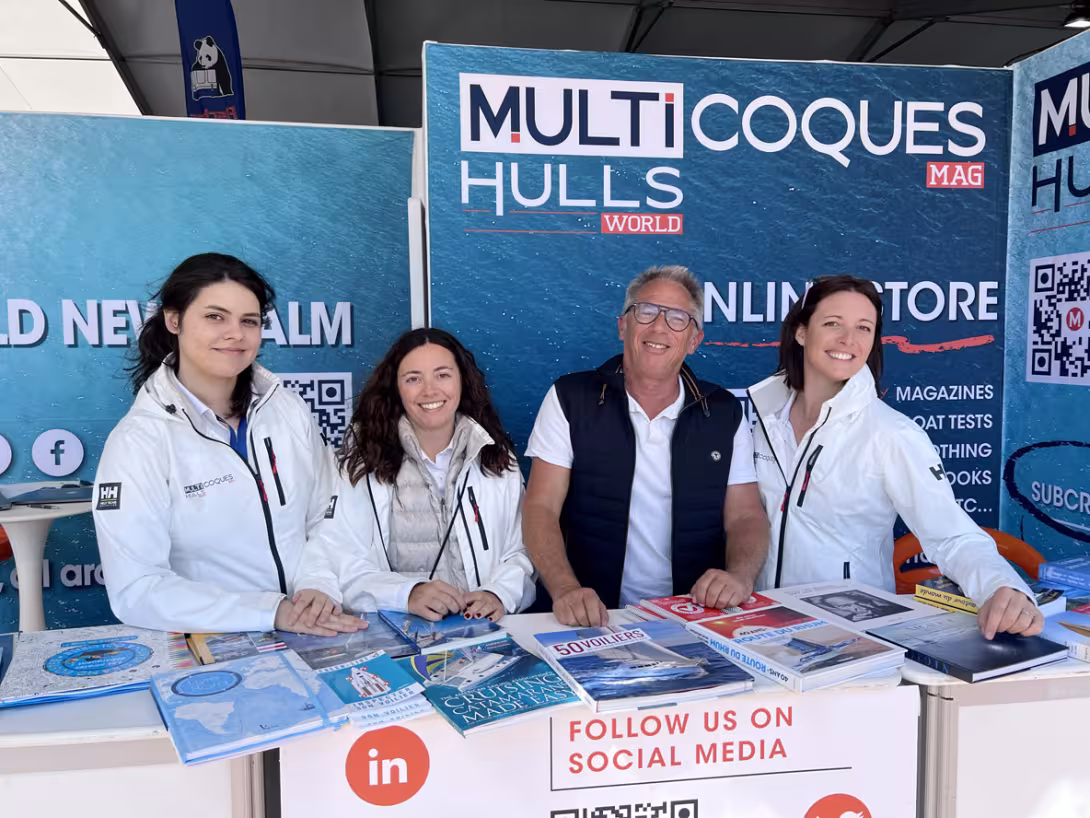 All aboard, Cap’tain!  From left to right, the current Multihulls World team: 
Julie (Digital Manager), Maria (Sales Manager), 
Emmanuel, (Editor in Chief), and Gwen (Marketing Manager). 