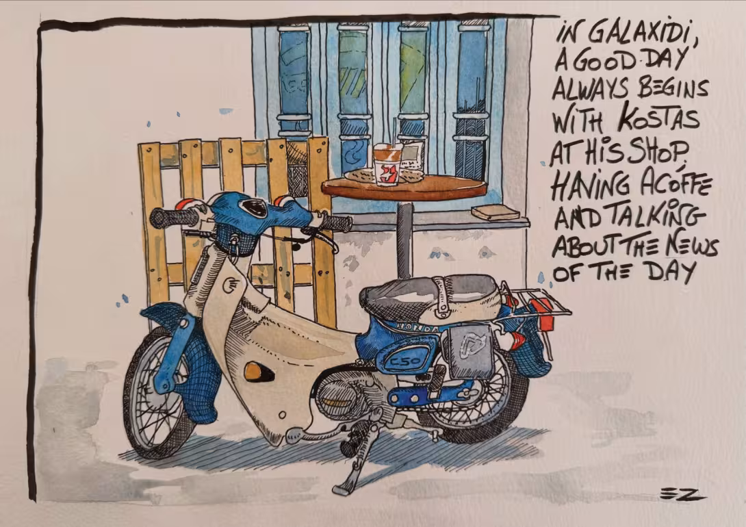 « A Galaxidi, une bonne journée commence toujours avec Kostas dans son shipshandler en prenant un café et en partageant les nouvelles du jour. »